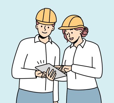 Grafika 2D - kobieta i mężczyzna w kaskach budowlanych oglądają coś na tablecie