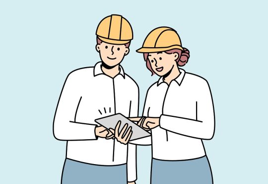 Grafika 2D - kobieta i mężczyzna w kaskach budowlanych oglądają coś na tablecie